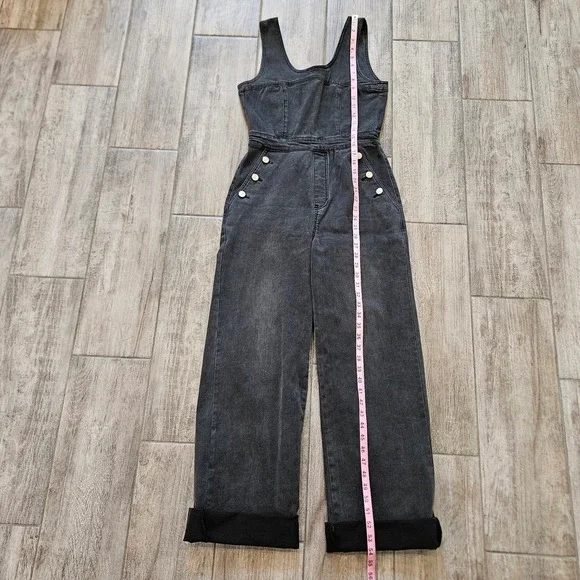 Forever 21 Denim Jumpsuit Women S Wide Leg Sleeveless Charcoal Wash Grunge Edgy - Picture 2 of 10